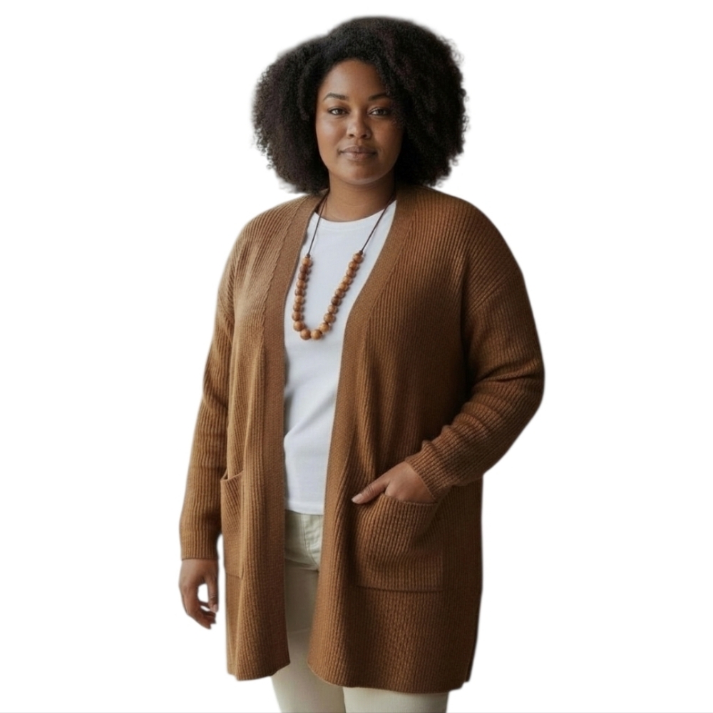 Cognac Brown Cable Knit Long Open Cardigan with Large Pockets XXL